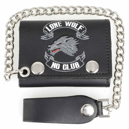 Milwaukee Leather MLW7833 Men's 4” Leather “Lone Wolf No Club” Tri-Fold Wallet w/ Anti-Theft Stainless Steel Chain