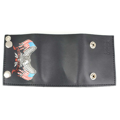 Milwaukee Leather MLW7837 Men's 4” Leather “Eagle w/ Flag” Tri-Fold Wallet w/ Anti-Theft Stainless Steel Chain