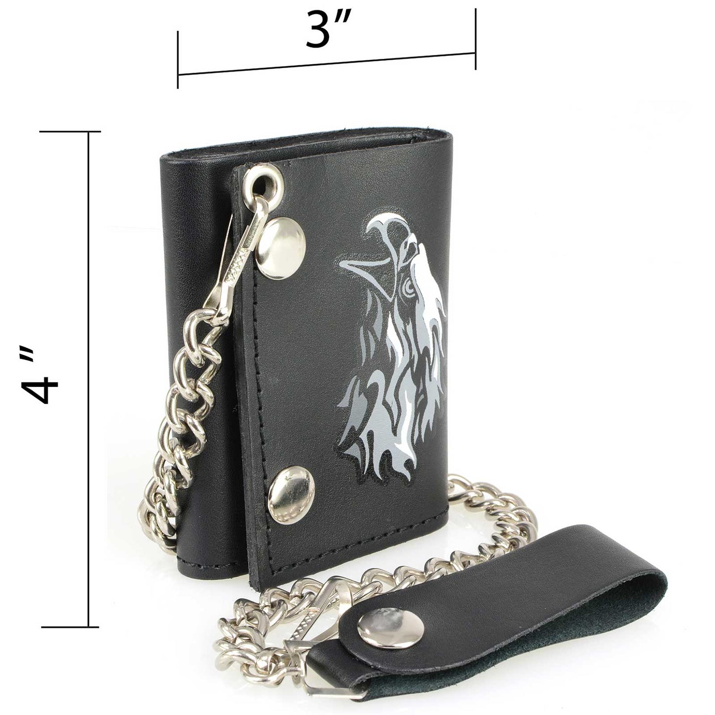 Milwaukee Leather MLW7838 Men's 4” Leather “Flaming Eagle” Tri-Fold Wallet w/ Anti-Theft Stainless Steel Chain