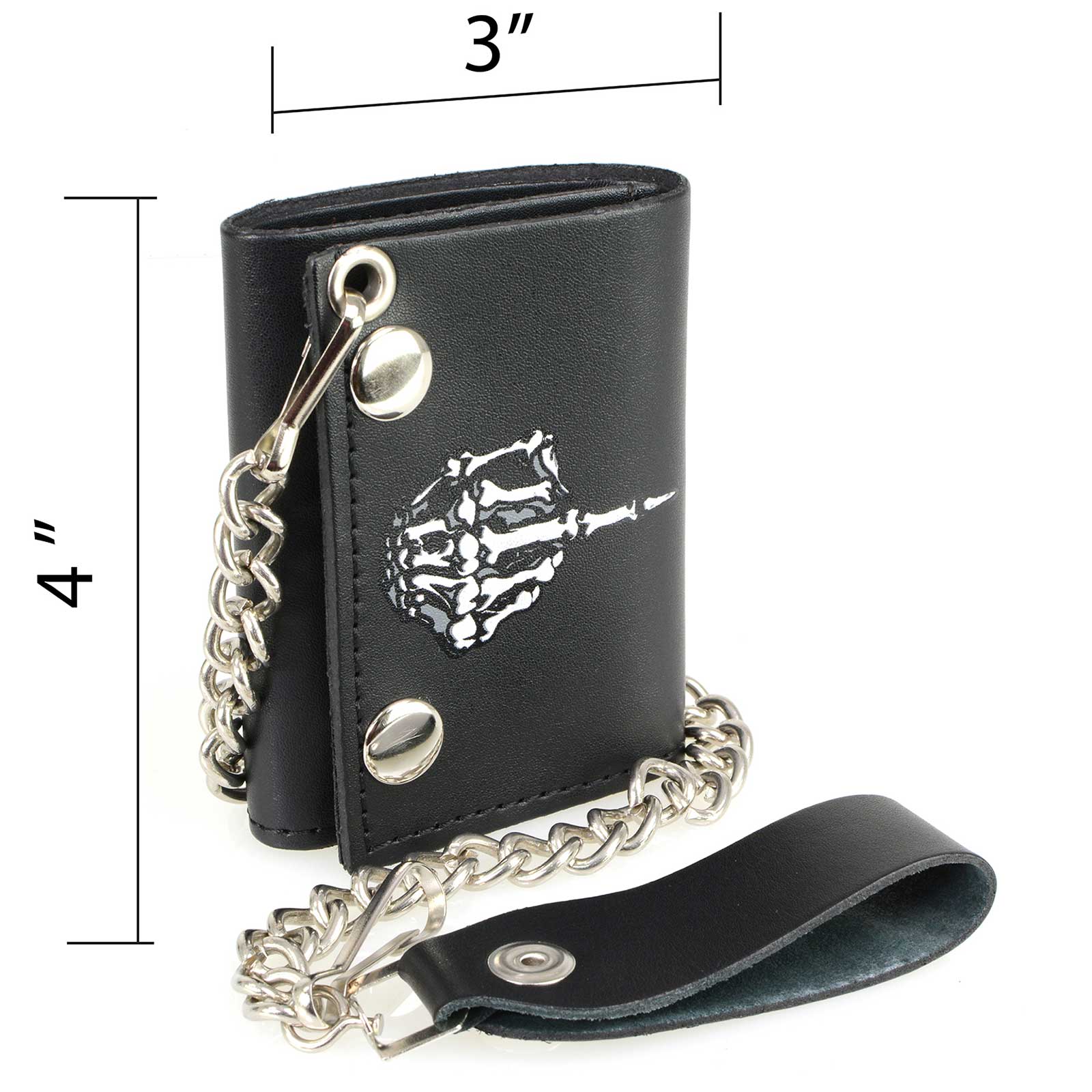 Milwaukee Leather MLW7840 Men's 4” Black Leather Biker Wallet - Tri-Fold Anti - Theft Stainless Steel Chain w/ "Skeleton Finger"