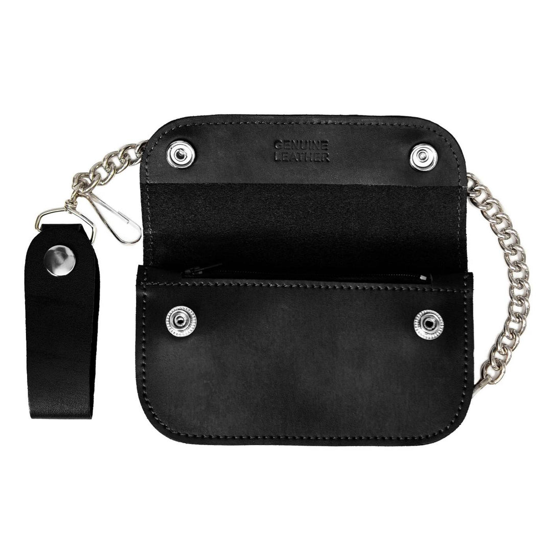 Milwaukee Leather Black Full-Grain Leather Biker Flap Chain Wallet, MLW7843