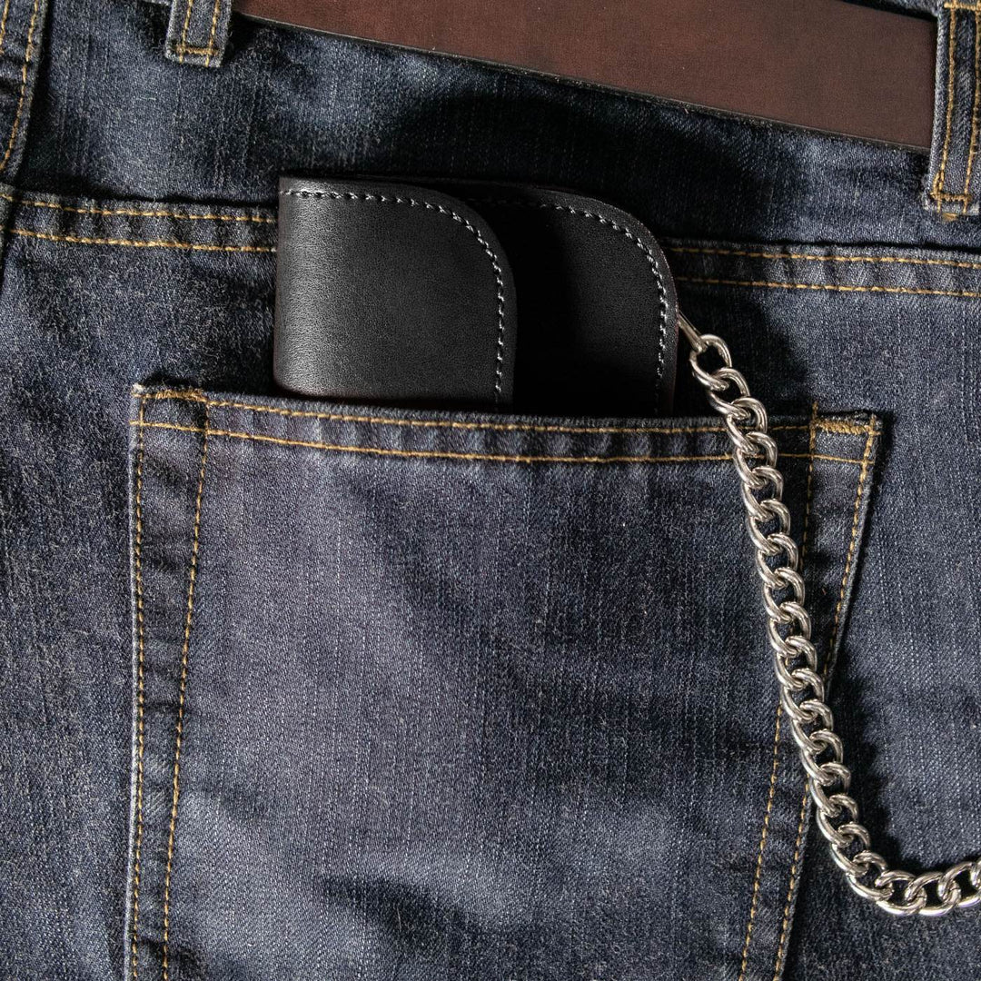 Milwaukee Leather Black Full-Grain Leather Biker Flap Chain Wallet, MLW7843