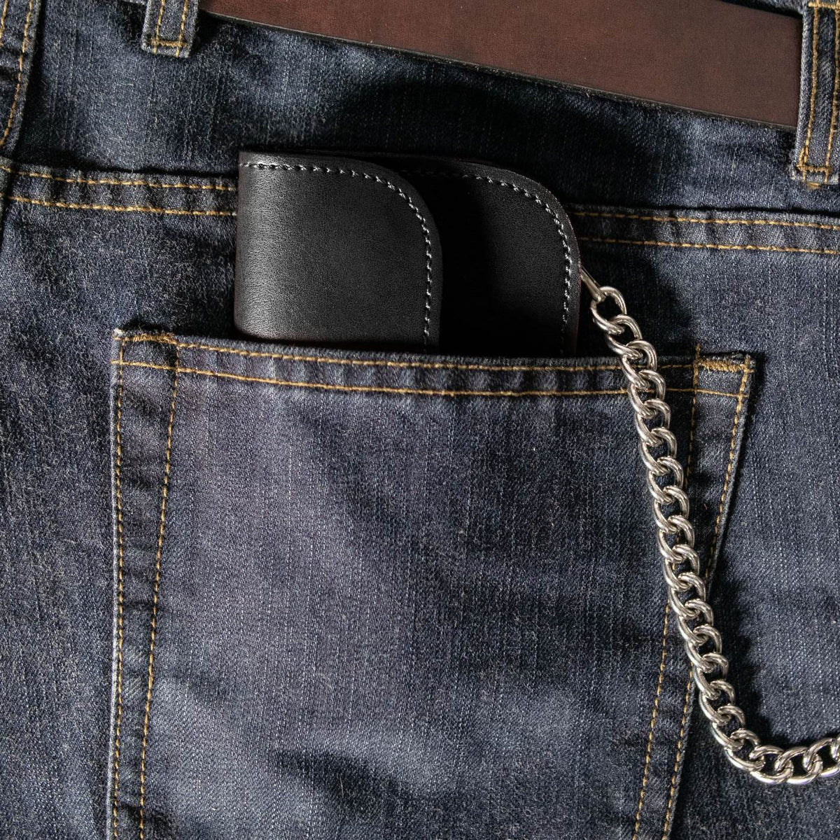 Milwaukee Leather Black Full-Grain Leather Biker Flap Chain Wallet, MLW7843