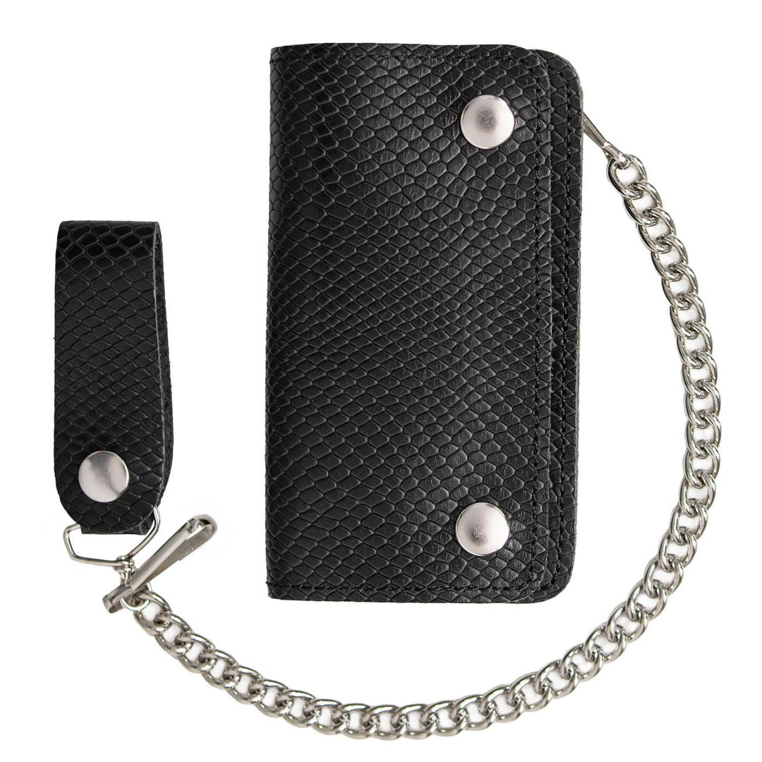 Milwaukee Leather Black Leather Bi-Fold Snake-Stamped Biker Wallet, MLW7848