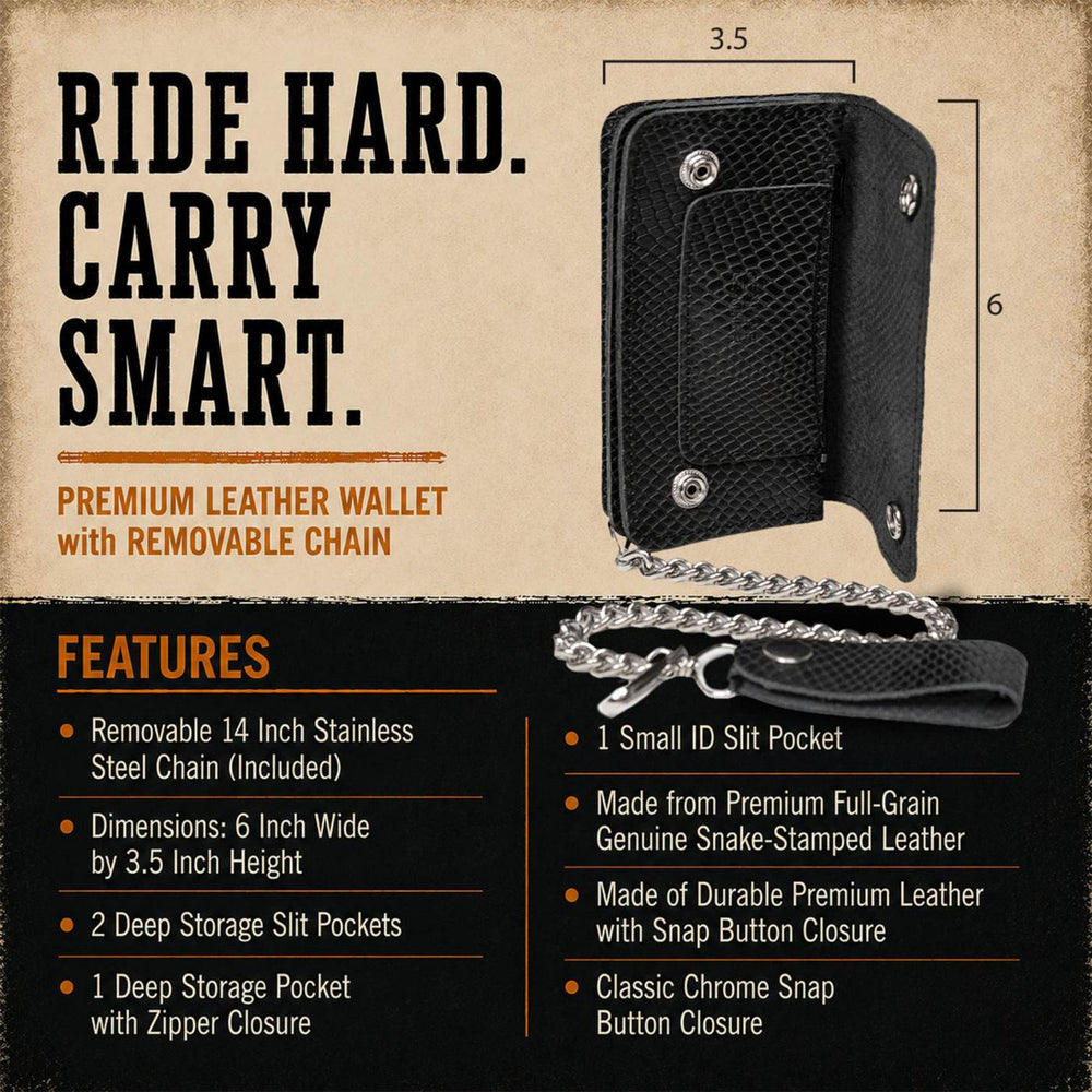 Milwaukee Leather Black Leather Bi-Fold Snake-Stamped Biker Wallet, MLW7848