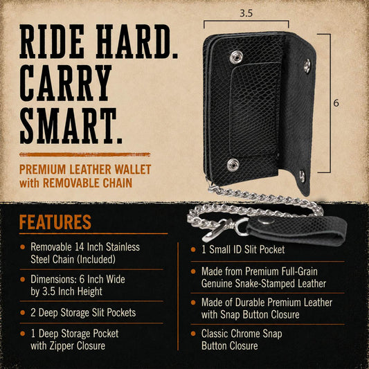 Milwaukee Leather Black Leather Bi-Fold Snake-Stamped Biker Wallet, MLW7848
