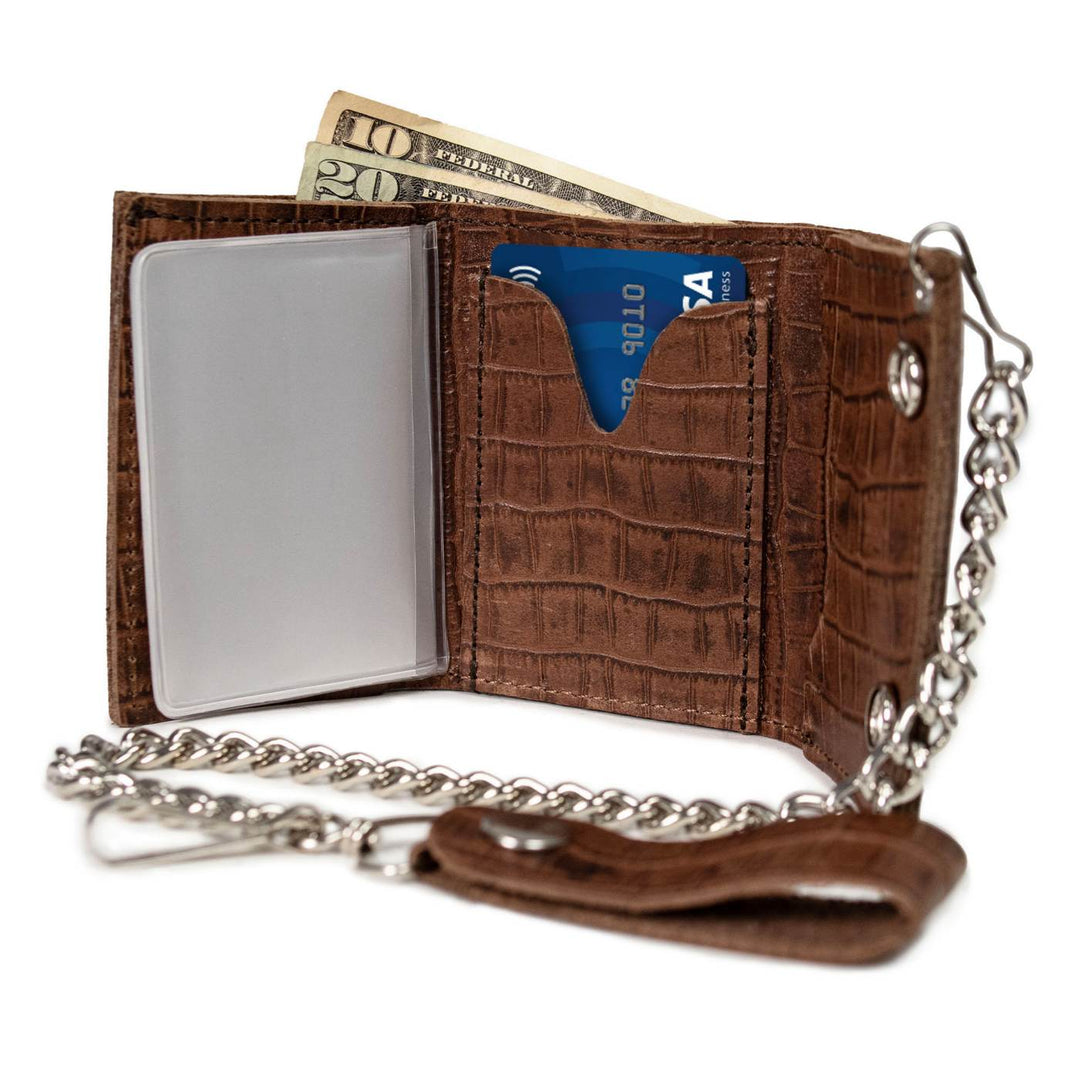 Milwaukee Leather Brown Leather Crocodile-Stamped Tri-Fold Wallet, MLW7849