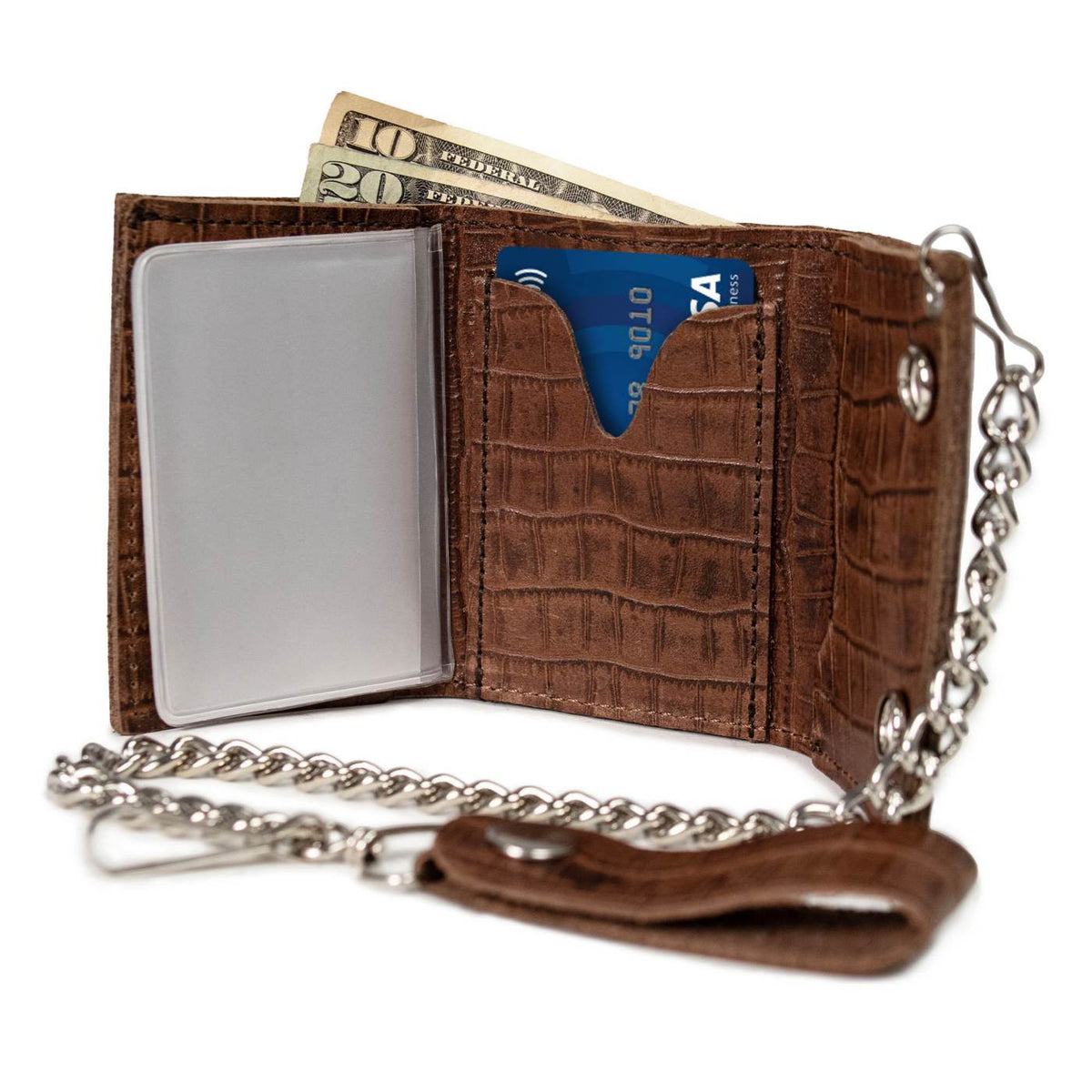Milwaukee Leather Brown Leather Crocodile-Stamped Tri-Fold Wallet, MLW7849