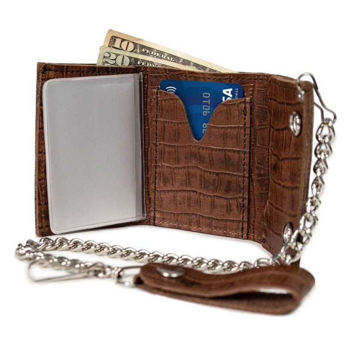 Milwaukee Leather Brown Leather Crocodile-Stamped Tri-Fold Wallet, MLW7849