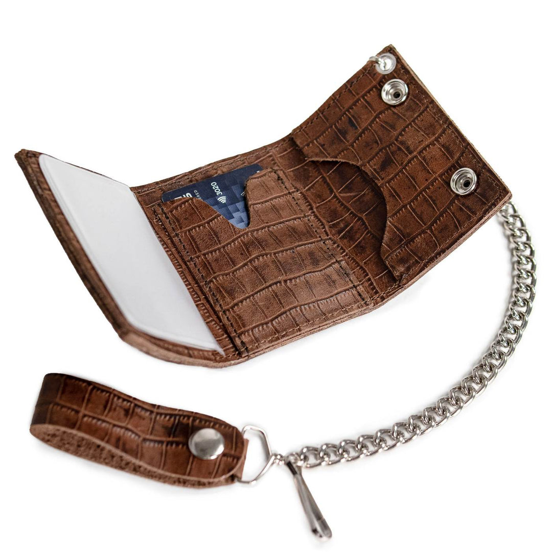 Milwaukee Leather Brown Leather Crocodile-Stamped Tri-Fold Wallet, MLW7849