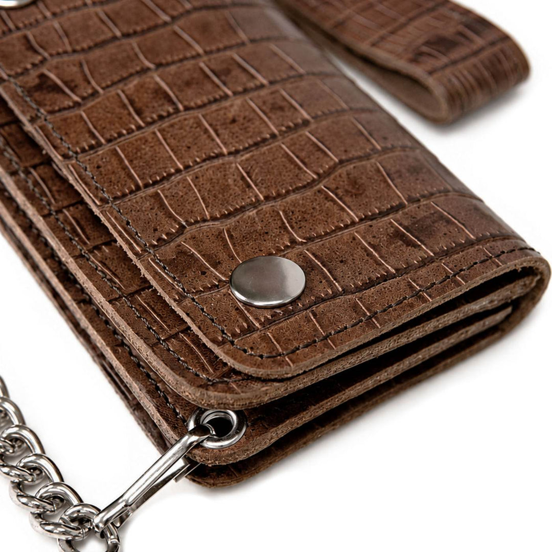 Milwaukee Leather Brown Crocodile-Stamped Biker Flap Chain Wallet, MLW7852