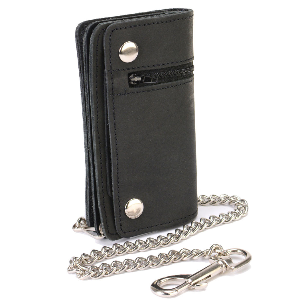 Hot Leathers WLC3108 Men's 6" Black Premium Leather Bi-Fold Biker Wallet w/ Zipper Pocket