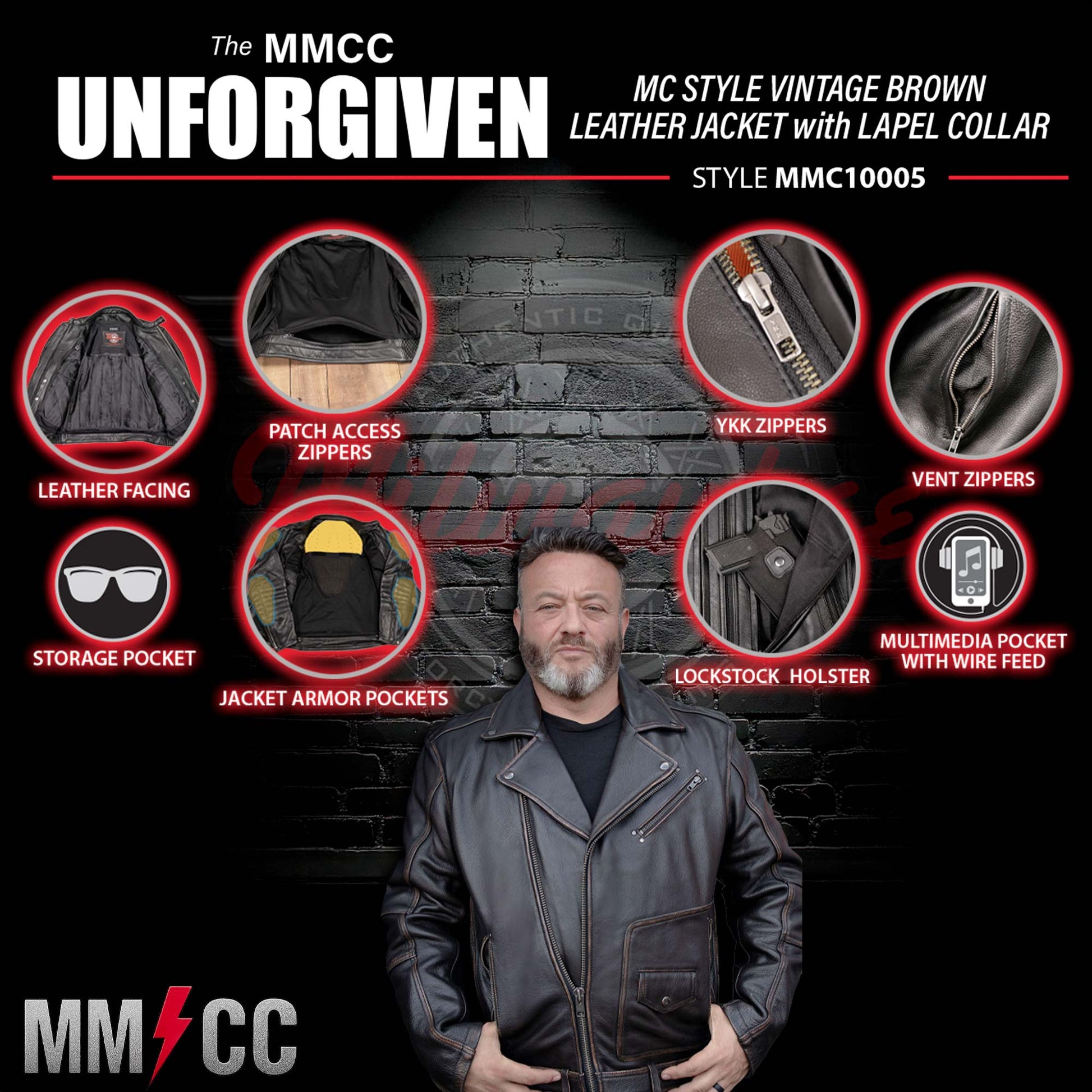 Milwaukee Motorcycle Clothing Co. Men's Unforgiven MC Style Vintage Brown Leather Jacket w/ Lapel Collar MMC10005