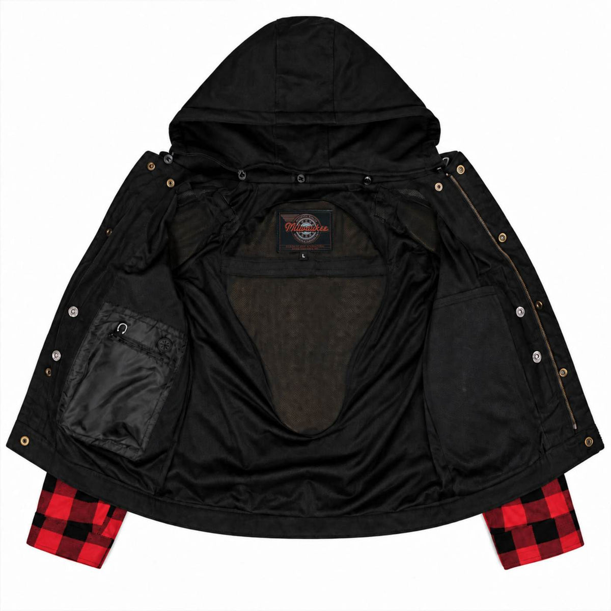 MMCC Men's Gridlock Black/Red 14 oz Denim & Plaid Armored Hooded Motorcycle Jacket - MMC10100