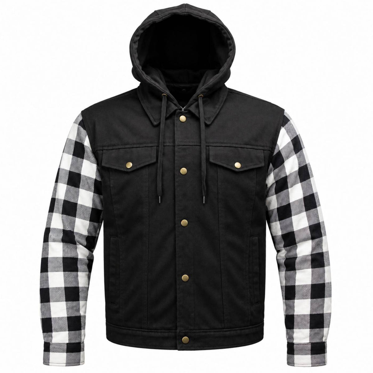 MMCC Men's Gridlock Black/White 14 oz Denim & Plaid Armored Hooded Motorcycle Jacket - MMC10101