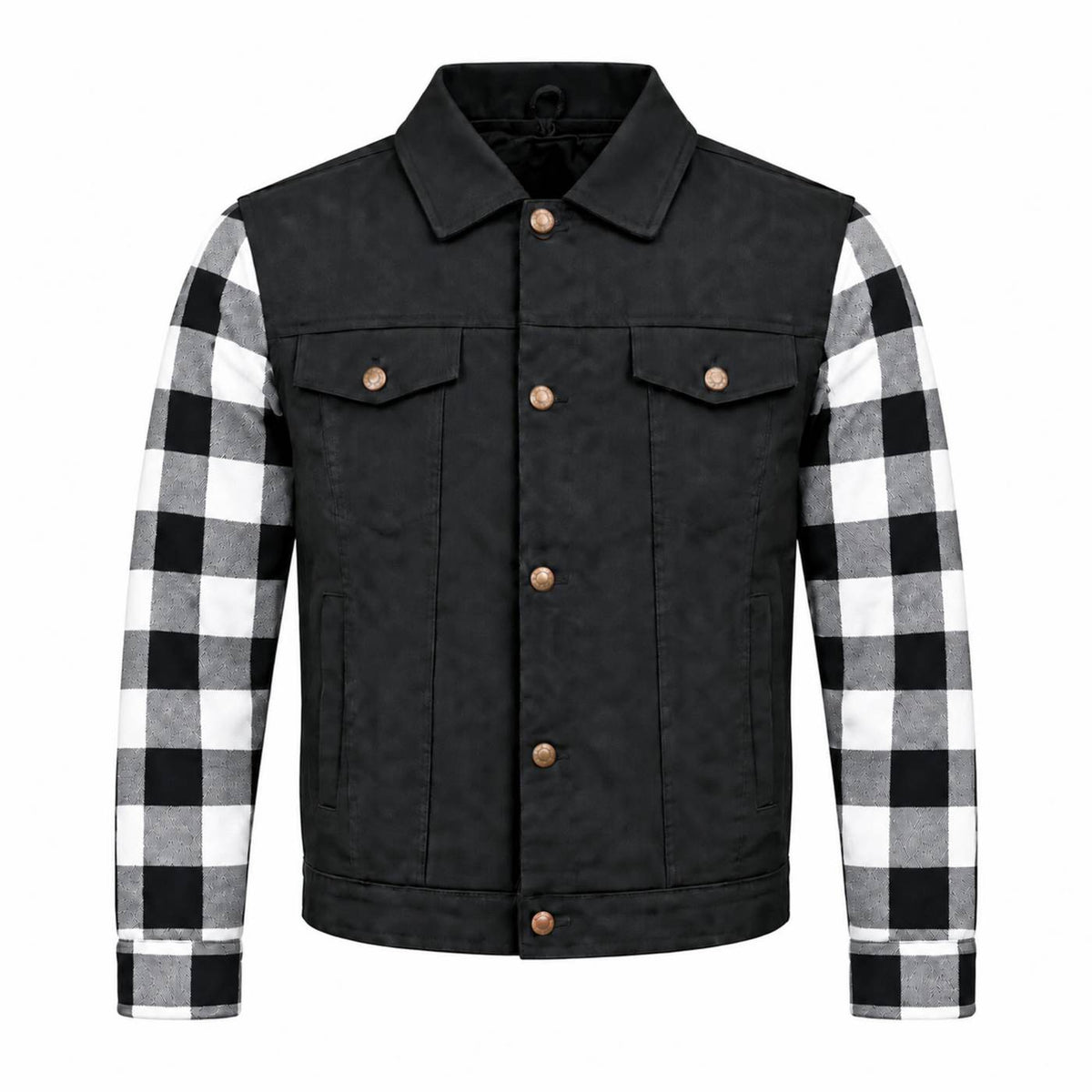 MMCC Men's Gridlock Black/White 14 oz Denim & Plaid Armored Hooded Motorcycle Jacket - MMC10101