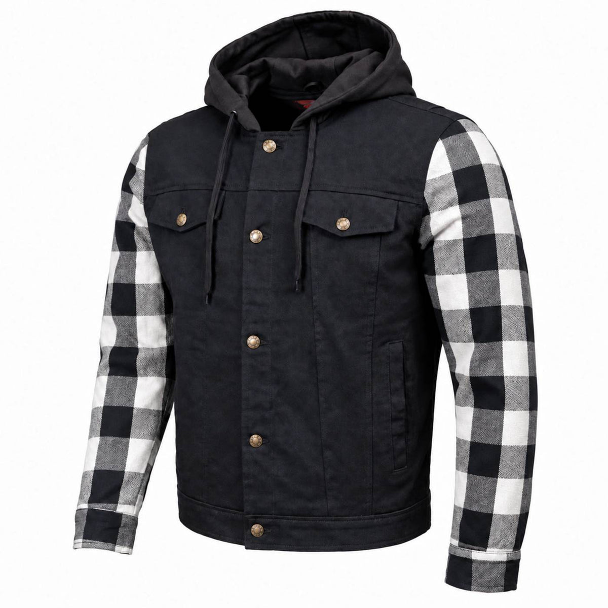 MMCC Men's Gridlock Black/White 14 oz Denim & Plaid Armored Hooded Motorcycle Jacket - MMC10101