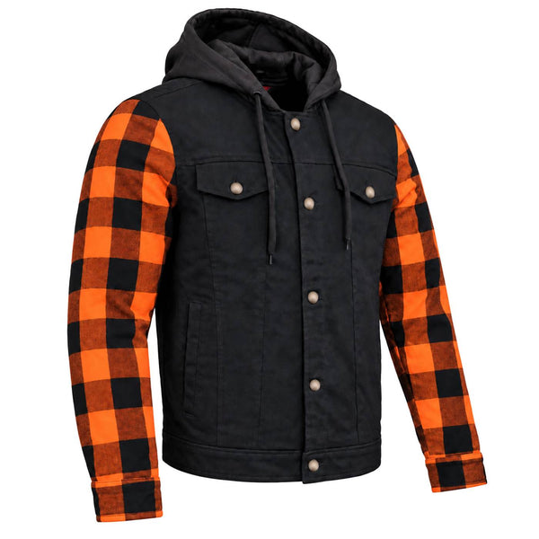 MMCC Men's Gridlock Black/Orange 14 oz Denim & Plaid Armored Hooded Motorcycle Jacket - MMC10102