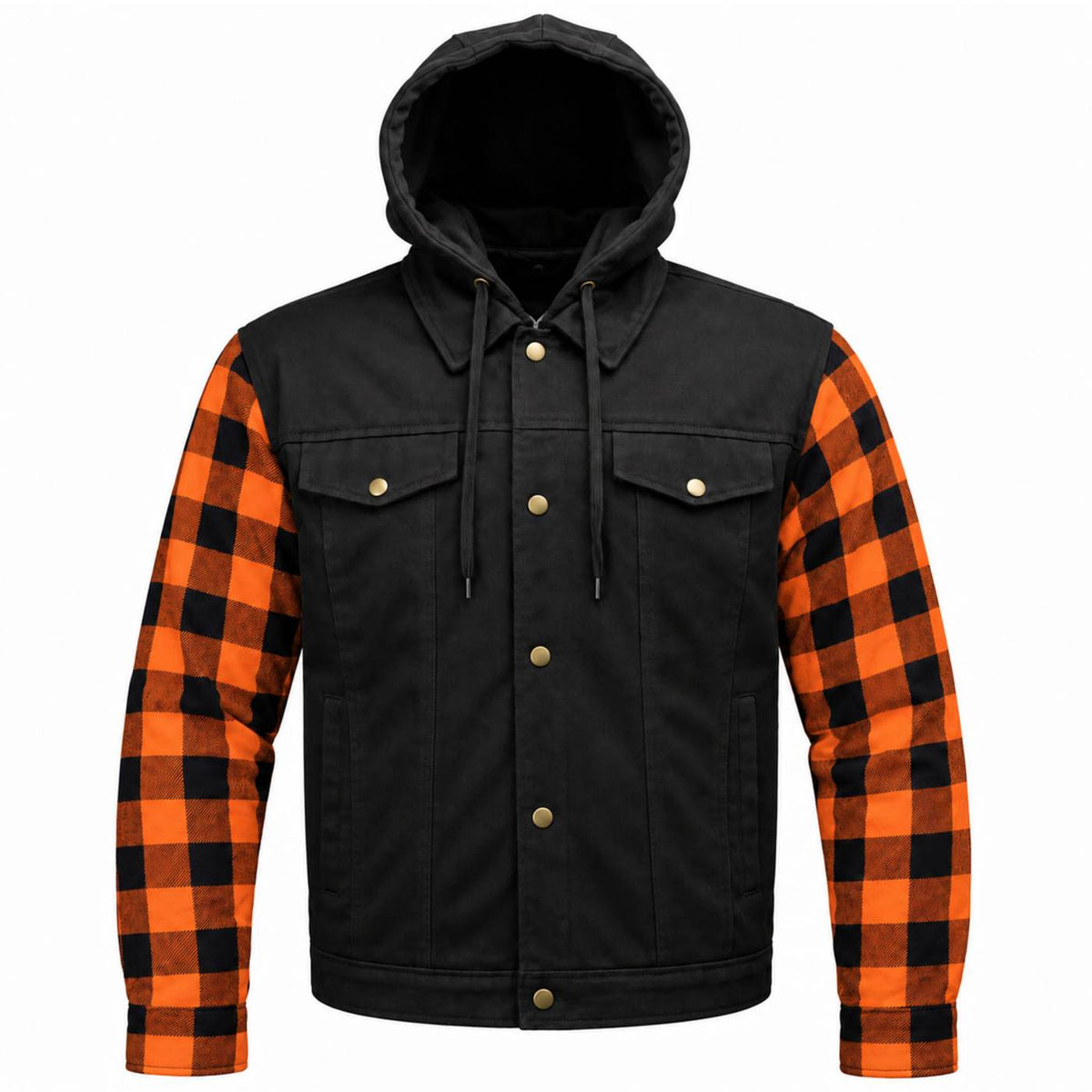 MMCC Men's Gridlock Black/Orange 14 oz Denim & Plaid Armored Hooded Motorcycle Jacket - MMC10102
