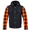 MMCC Men's Gridlock Black/Orange 14 oz Denim & Plaid Armored Hooded Motorcycle Jacket - MMC10102