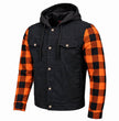 MMCC Men's Gridlock Black/Orange 14 oz Denim & Plaid Armored Hooded Motorcycle Jacket - MMC10102