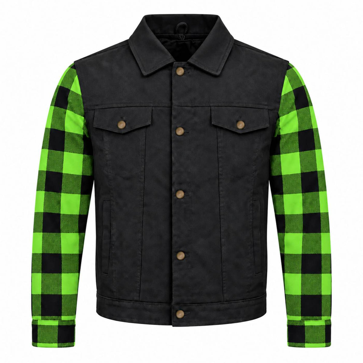 MMCC Men's Gridlock Black/Green 14 oz Denim & Plaid Armored Hooded Motorcycle Jacket - MMC10103