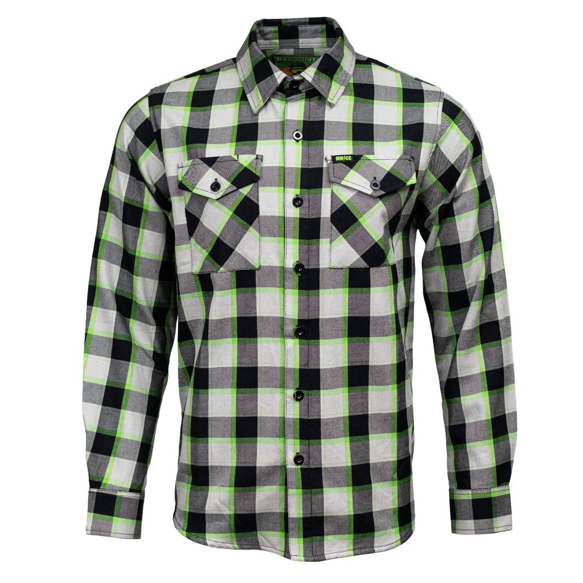 MMCC Radioactive Men's Black Gray Green Plaid Flannel Shirt - 100% Cotton Long Sleeve Button-Up - MMC11602