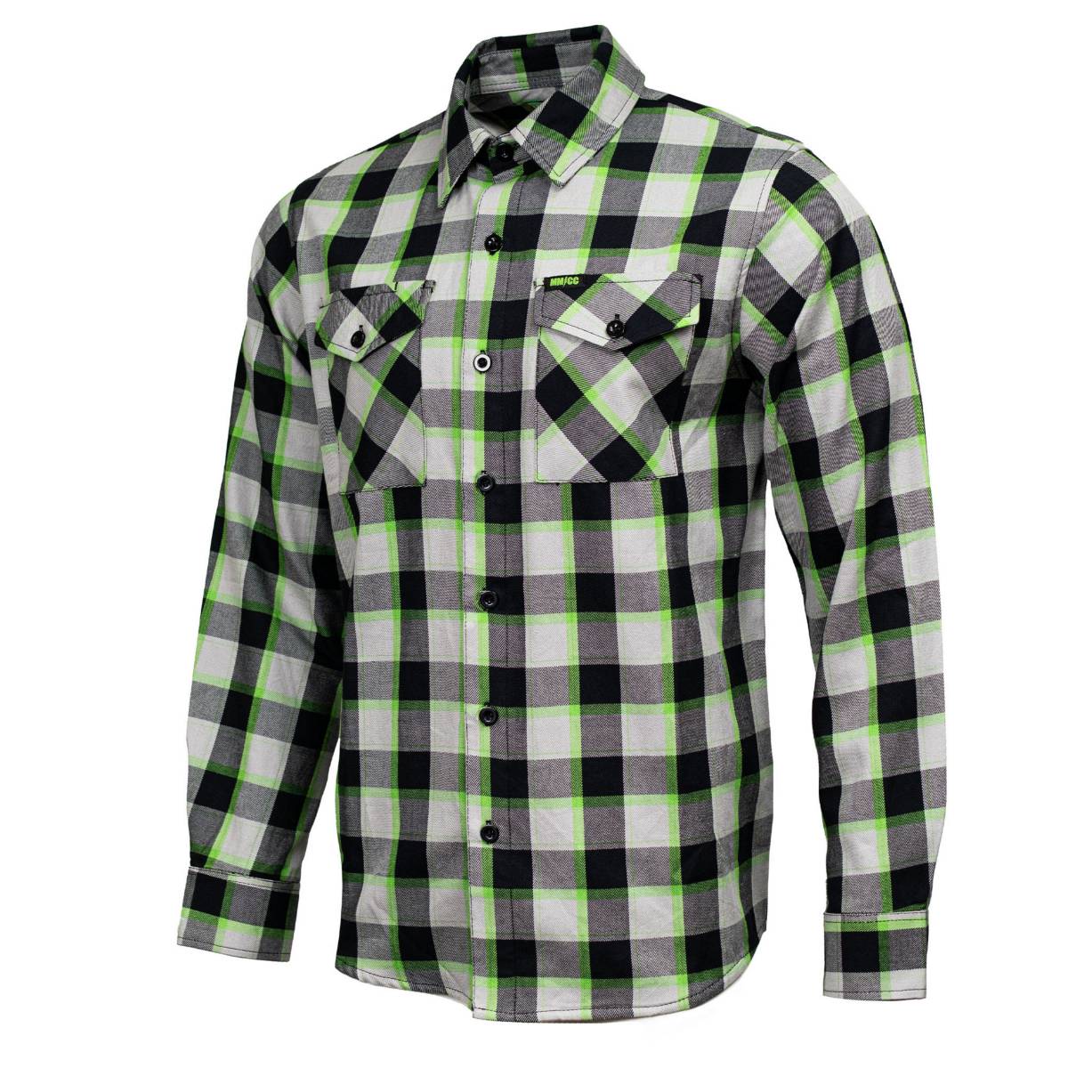 MMCC Radioactive Men's Black Gray Green Plaid Flannel Shirt - 100% Cotton Long Sleeve Button-Up - MMC11602