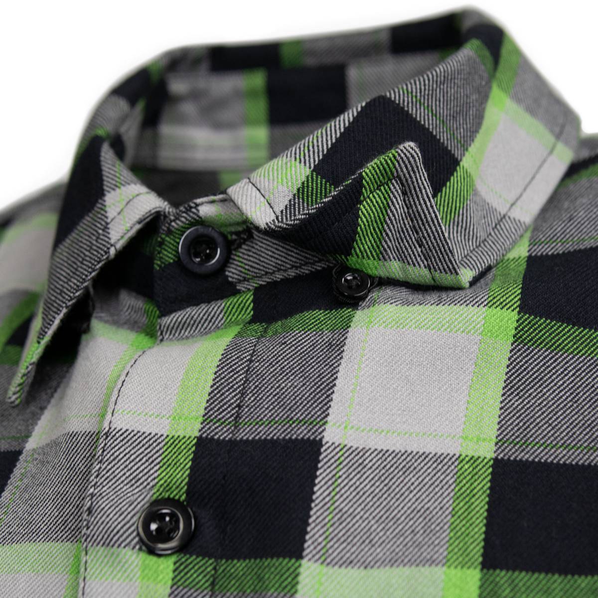 MMCC Men's Radioactive Black Gray Green Plaid Long Sleeve Flannel Shirt - Button-Up - MMC11602