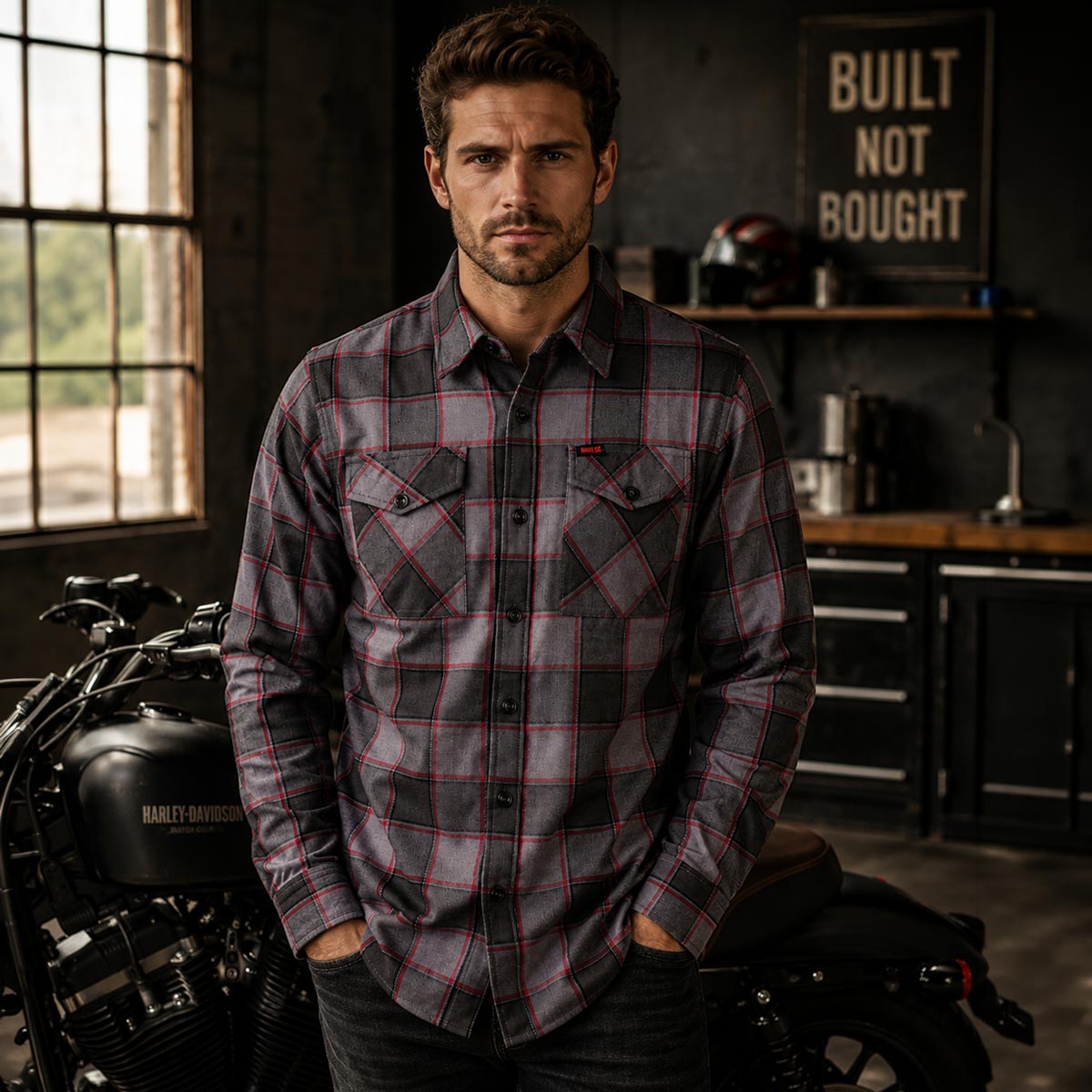 MMCC Men's The Shadow Grey Red Plaid Flannel Shirt - 100% Cotton with Microfiber Wipe Panel - MMC11603