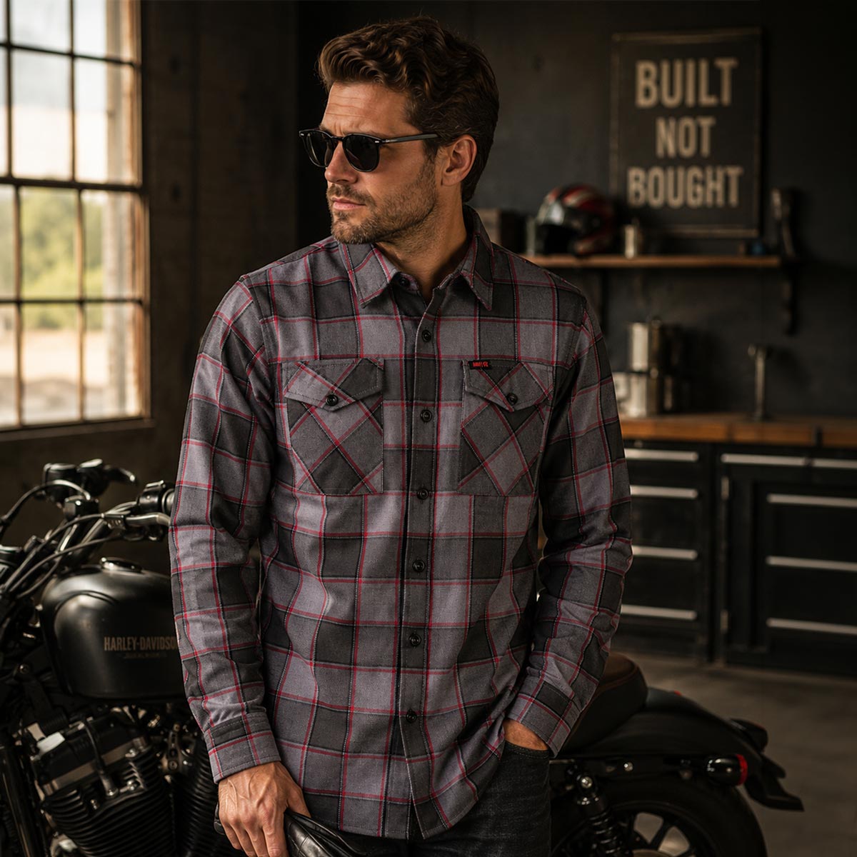 MMCC Men's The Shadow Grey Red Plaid Flannel Shirt - 100% Cotton with Microfiber Wipe Panel - MMC11603