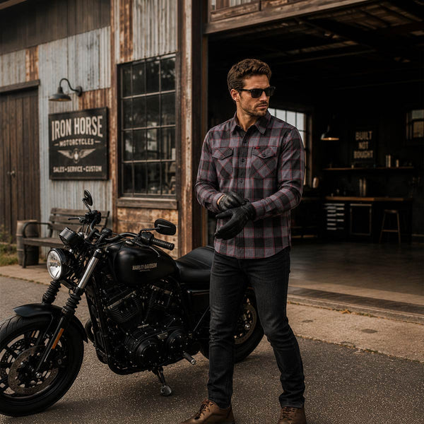 MMCC Men's The Shadow Grey Red Plaid Flannel Shirt - 100% Cotton with Microfiber Wipe Panel - MMC11603