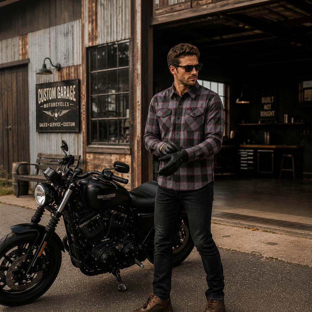 MMCC Men's The Shadow Grey Red Plaid Flannel Shirt - 100% Cotton with Microfiber Wipe Panel - MMC11603