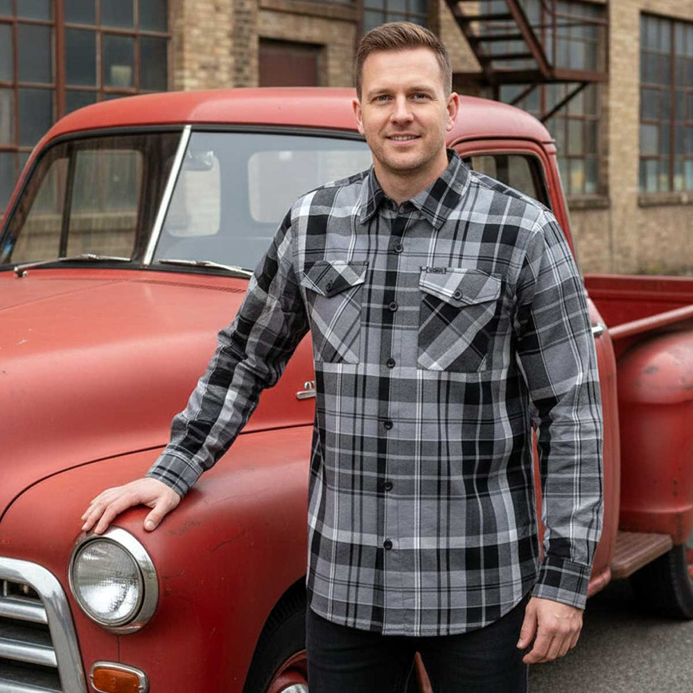 MMCC Men's Mastodon Grey Black White Plaid Flannel Shirt - 100% Cotton with Microfiber Wipe Panel - MMC11606