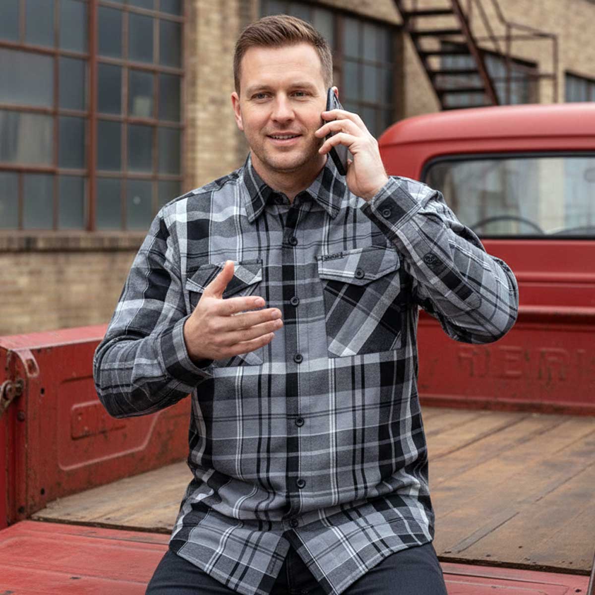 MMCC Men's Mastodon Grey Black White Plaid Flannel Shirt - 100% Cotton with Microfiber Wipe Panel - MMC11606