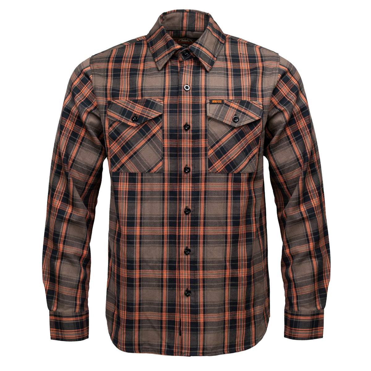 MMCC Men's Brimstone Plaid Black Orange Tan Flannel Shirt - 100% Cotton with Microfiber Wipe Panel - MMC11608