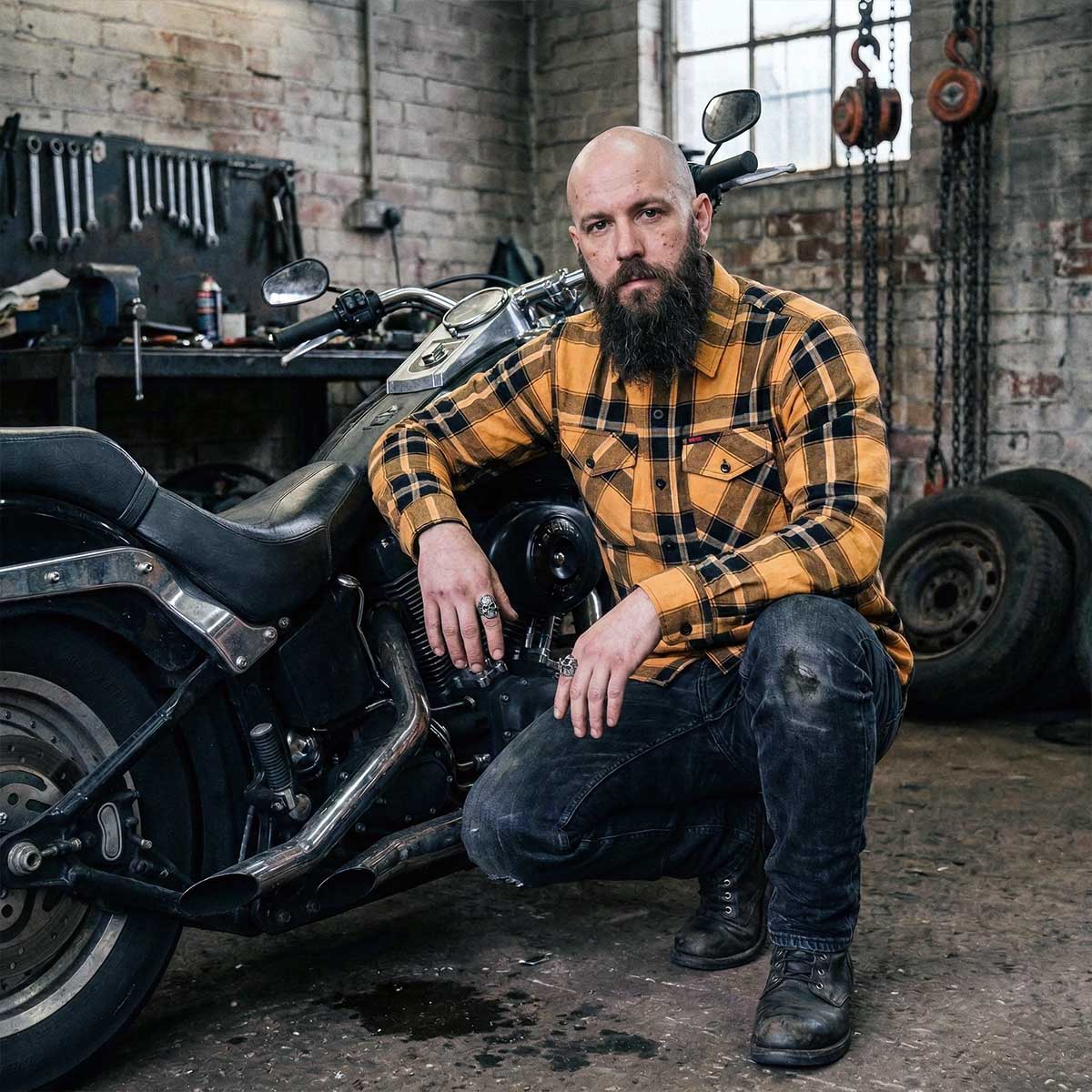 MMCC Deadbolt Men's Mustard Black White Plaid Flannel Shirt - 100% Cotton with Microfiber Wipe Panel - MMC11620