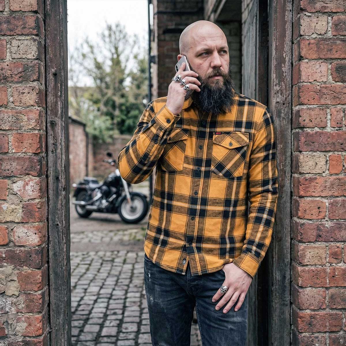 MMCC Deadbolt Men's Mustard Black White Plaid Flannel Shirt - 100% Cotton with Microfiber Wipe Panel - MMC11620