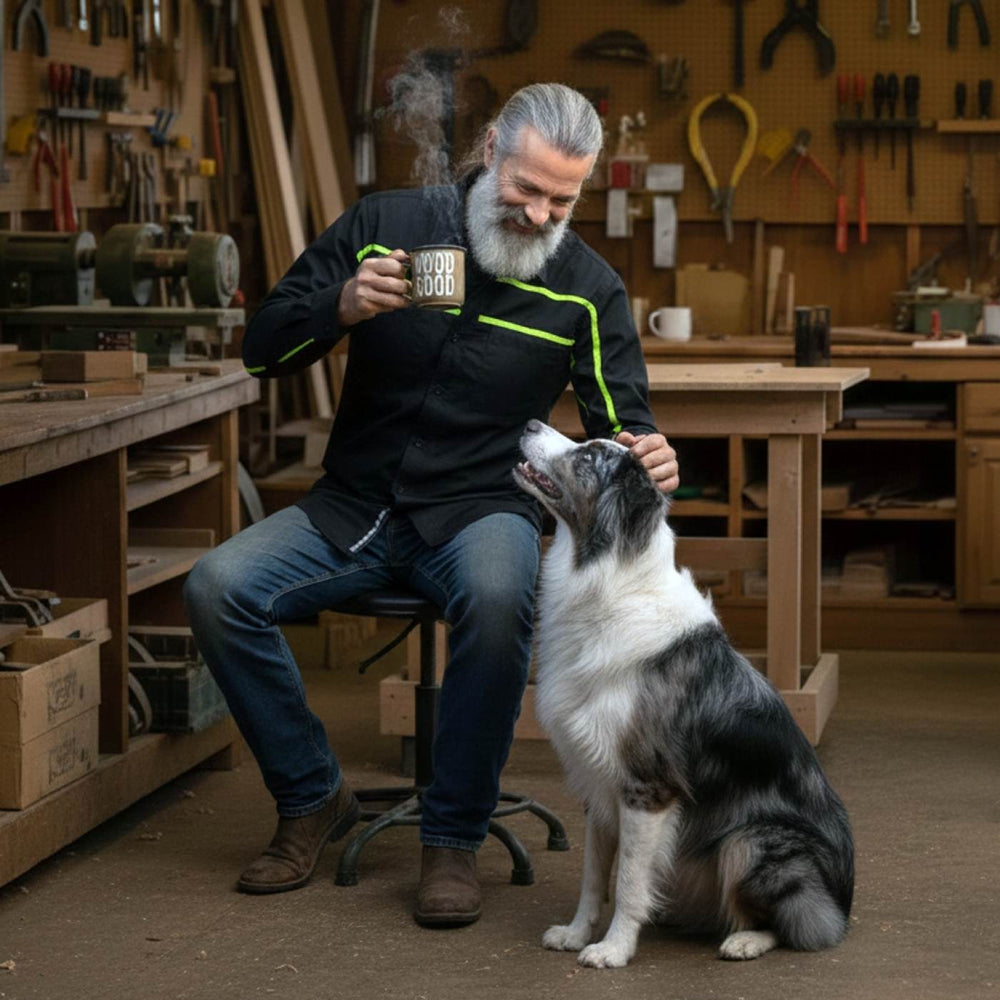 MMCC Men's Octane Long Sleeve Mechanic Shirt - Black with Neon Green Stripe - 50-50 Cotton Poly - MMCC16004