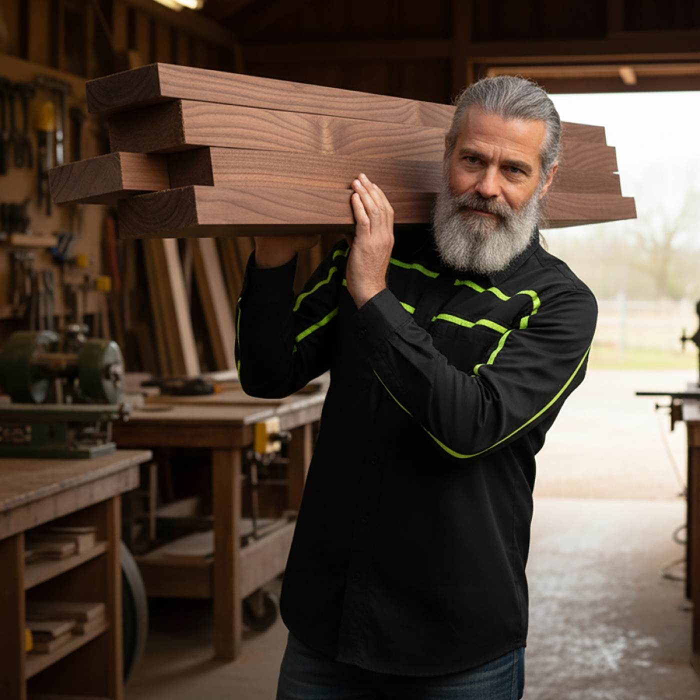 MMCC Men's Octane Long Sleeve Mechanic Shirt - Black with Neon Green Stripe - 50-50 Cotton Poly - MMCC16004