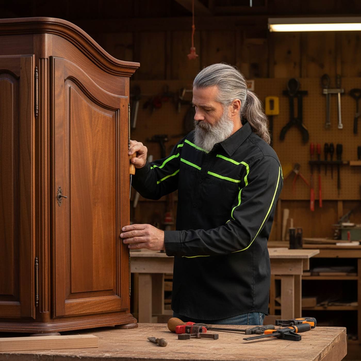 MMCC Men's Octane Long Sleeve Mechanic Shirt - Black with Neon Green Stripe - 50-50 Cotton Poly - MMCC16004