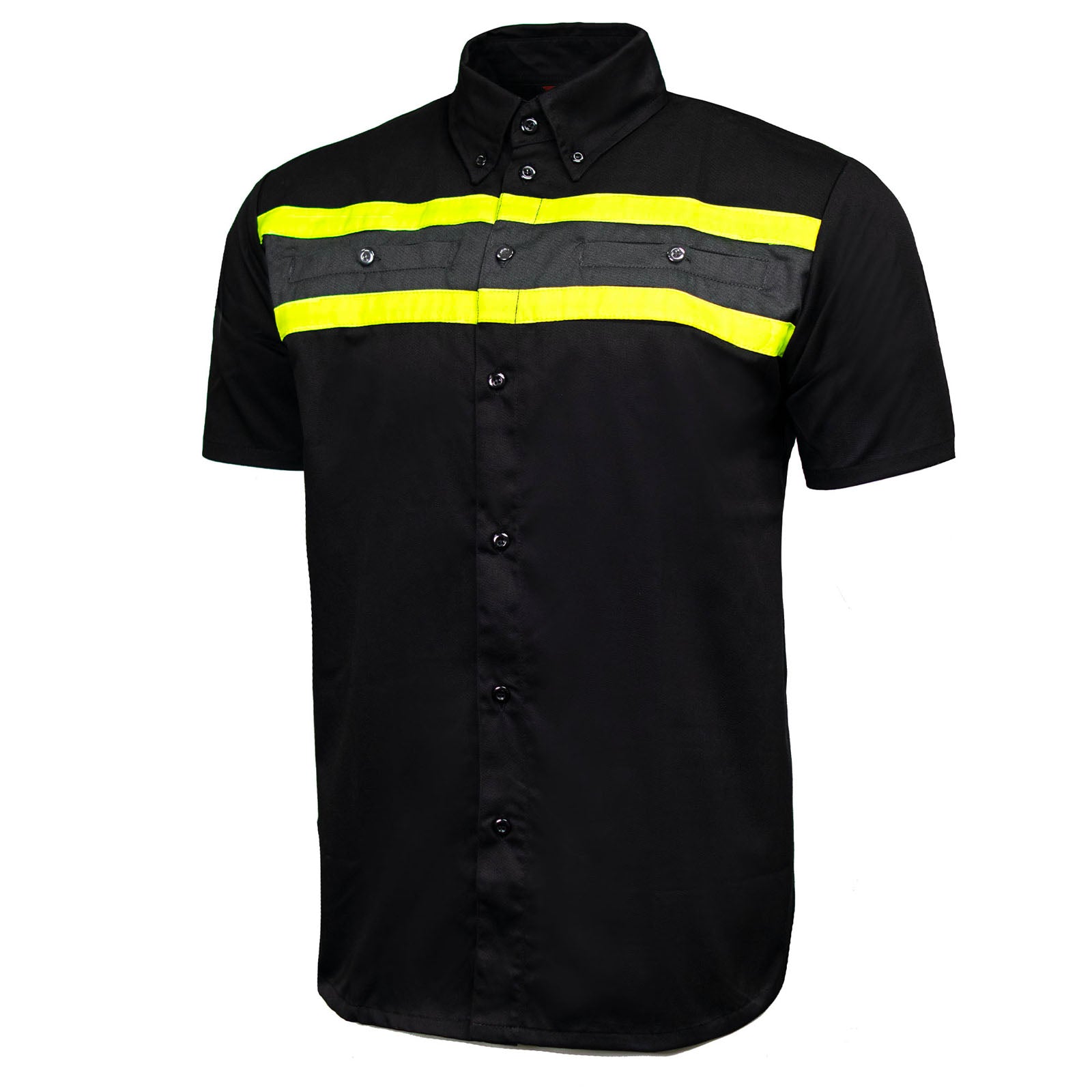 MMCC Men's Petro Mechanic Button Up Shop Shirt, Reflective Strip, 2-Chest Pockets - Black-Grey-Green - MMC16007