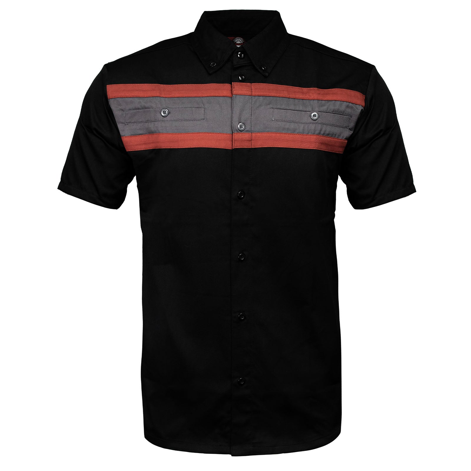 MMCC Men's Petro Mechanic Button Up Shop Shirt, Reflective Strip, 2-Chest Pockets - Black-Grey-Orange - MMC16008