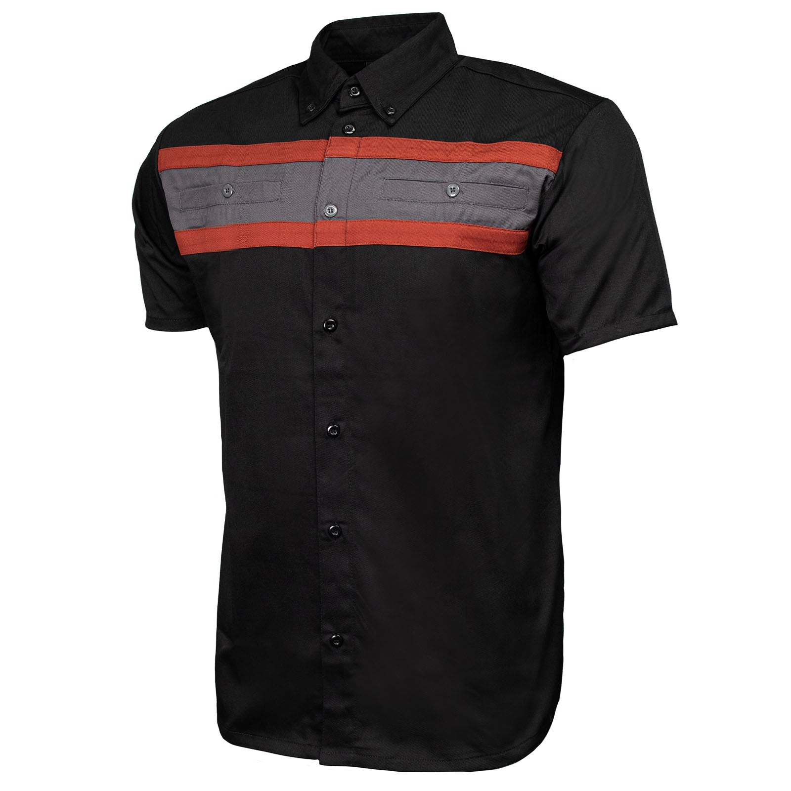 MMCC Men's Petro Mechanic Button Up Shop Shirt, Reflective Strip, 2-Chest Pockets - Black-Grey-Orange - MMC16008