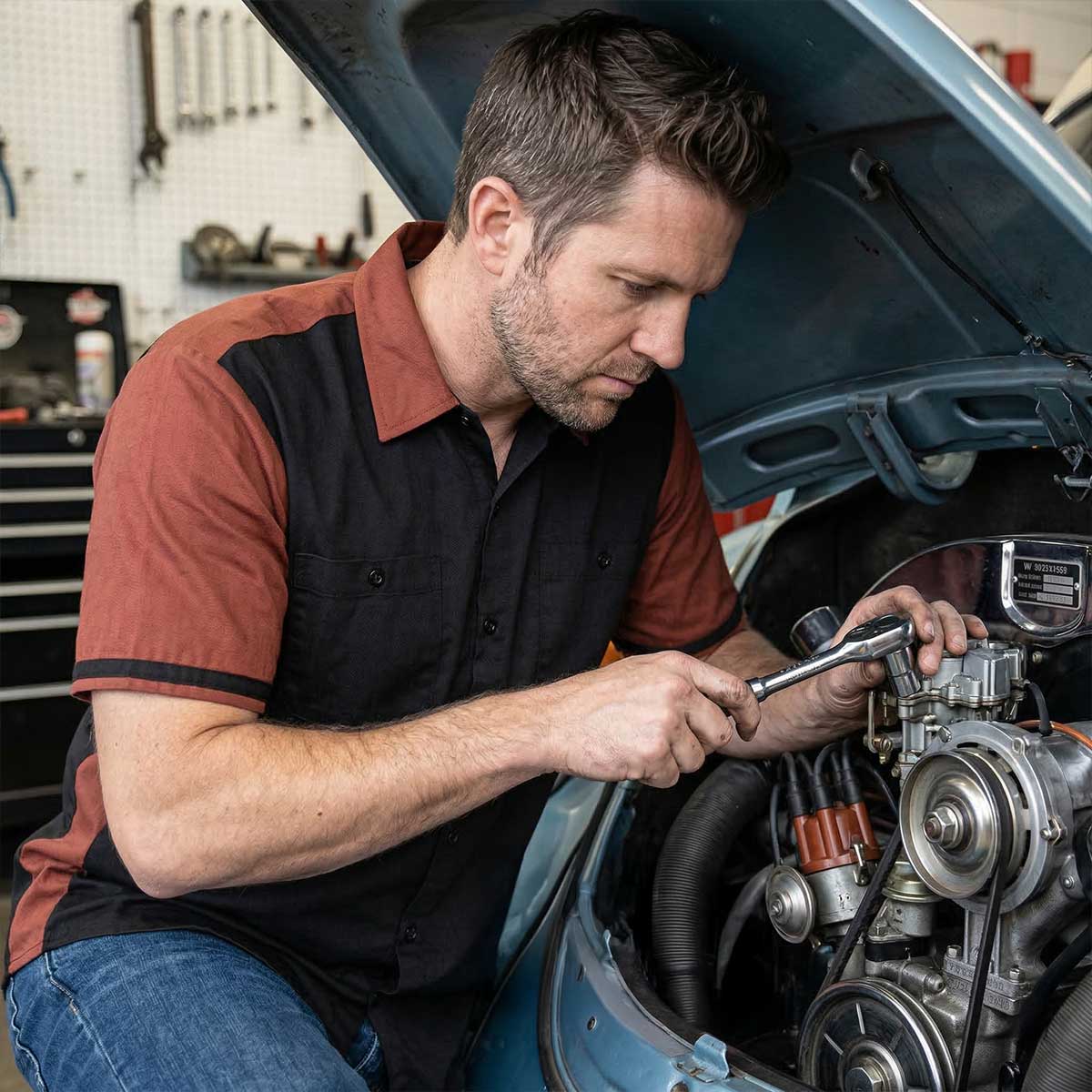 MMCC Men's Pit Line Mechanic Button Up Shirt - Dual Chest Pockets - Microfiber Panel - Rider Ready - MMC16025