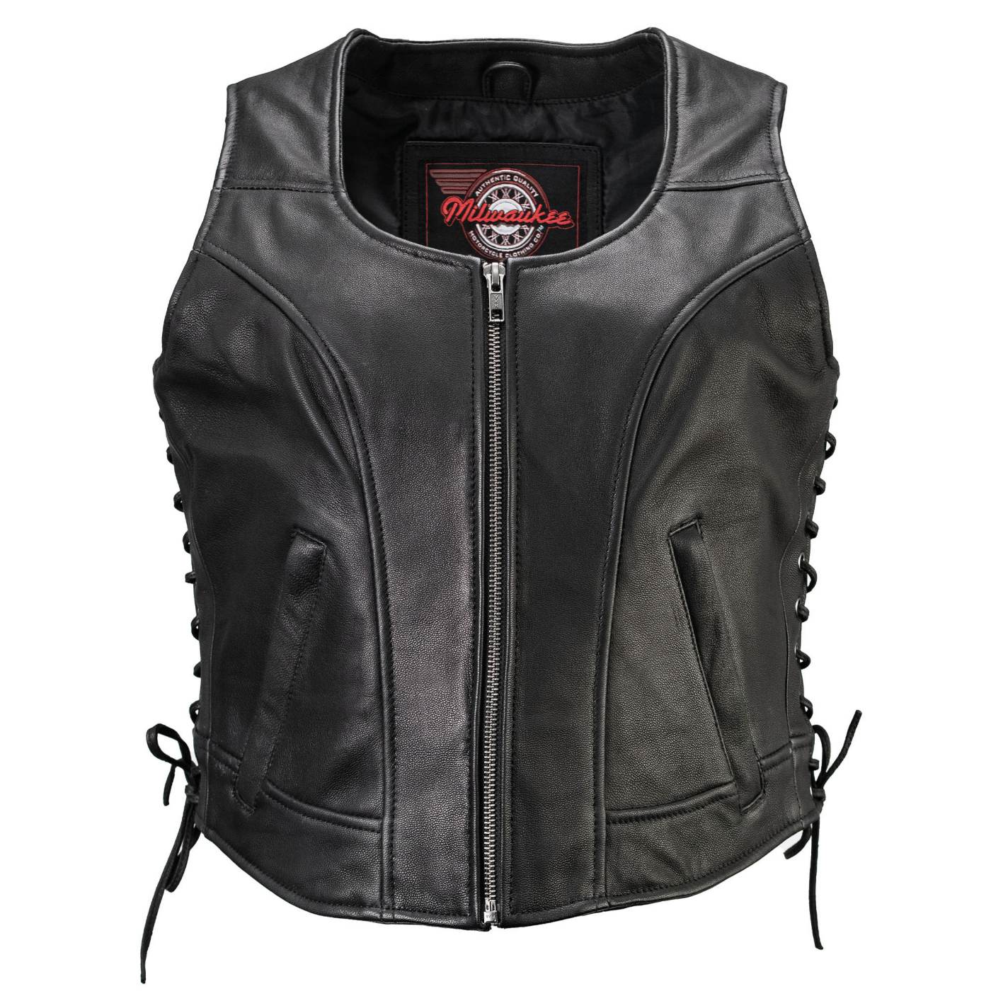 Milwaukee Motorcycle Clothing Co. Women's Rave Black Premium Leather Deep Neck Side Lace Vest MMC40000