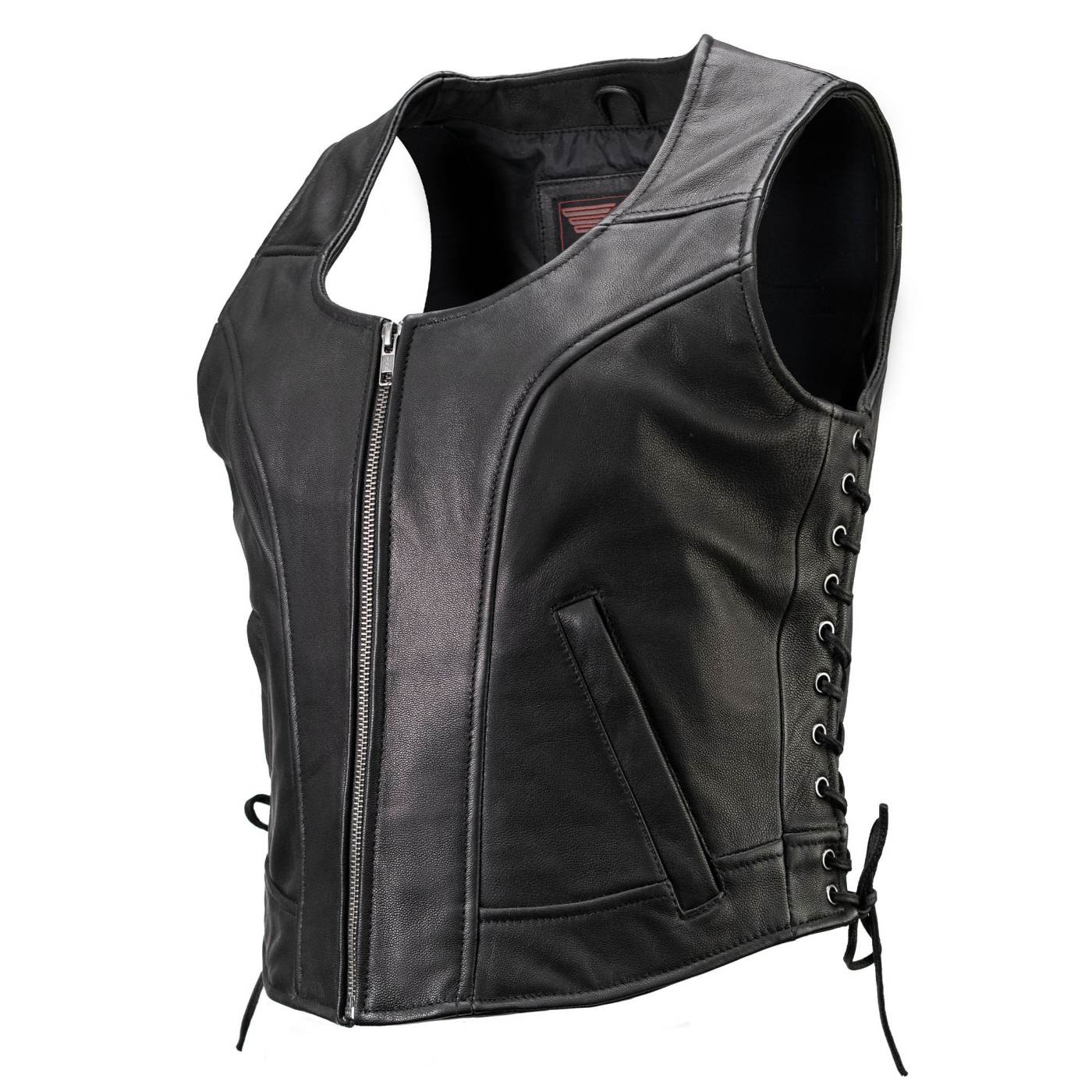 Milwaukee Motorcycle Clothing Co. Women's Rave Black Premium Leather Deep Neck Side Lace Vest MMC40000