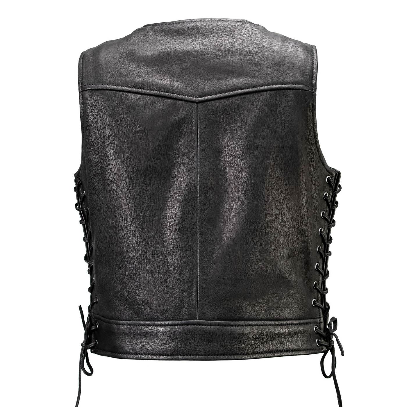 Milwaukee Motorcycle Clothing Co. Women's Rave Black Premium Leather Deep Neck Side Lace Vest MMC40000