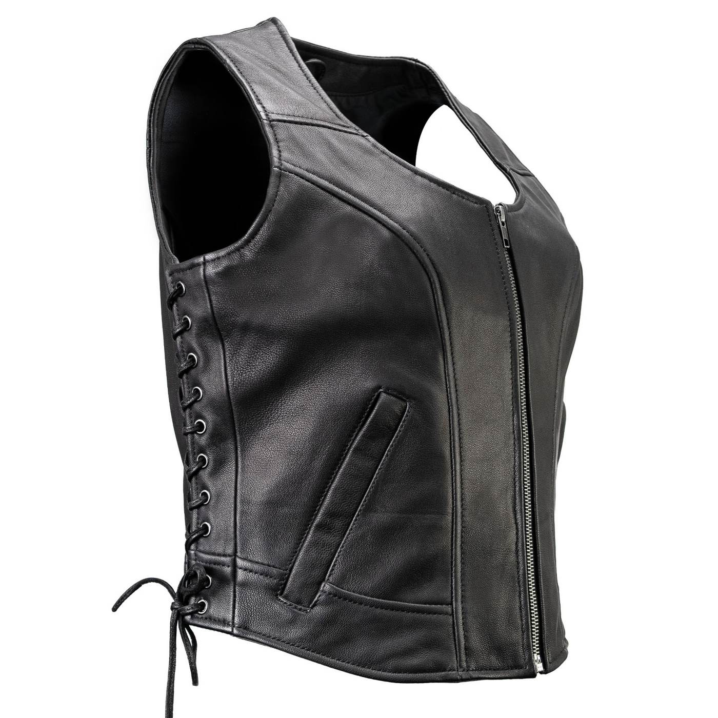 Milwaukee Motorcycle Clothing Co. Women's Rave Black Premium Leather Deep Neck Side Lace Vest MMC40000