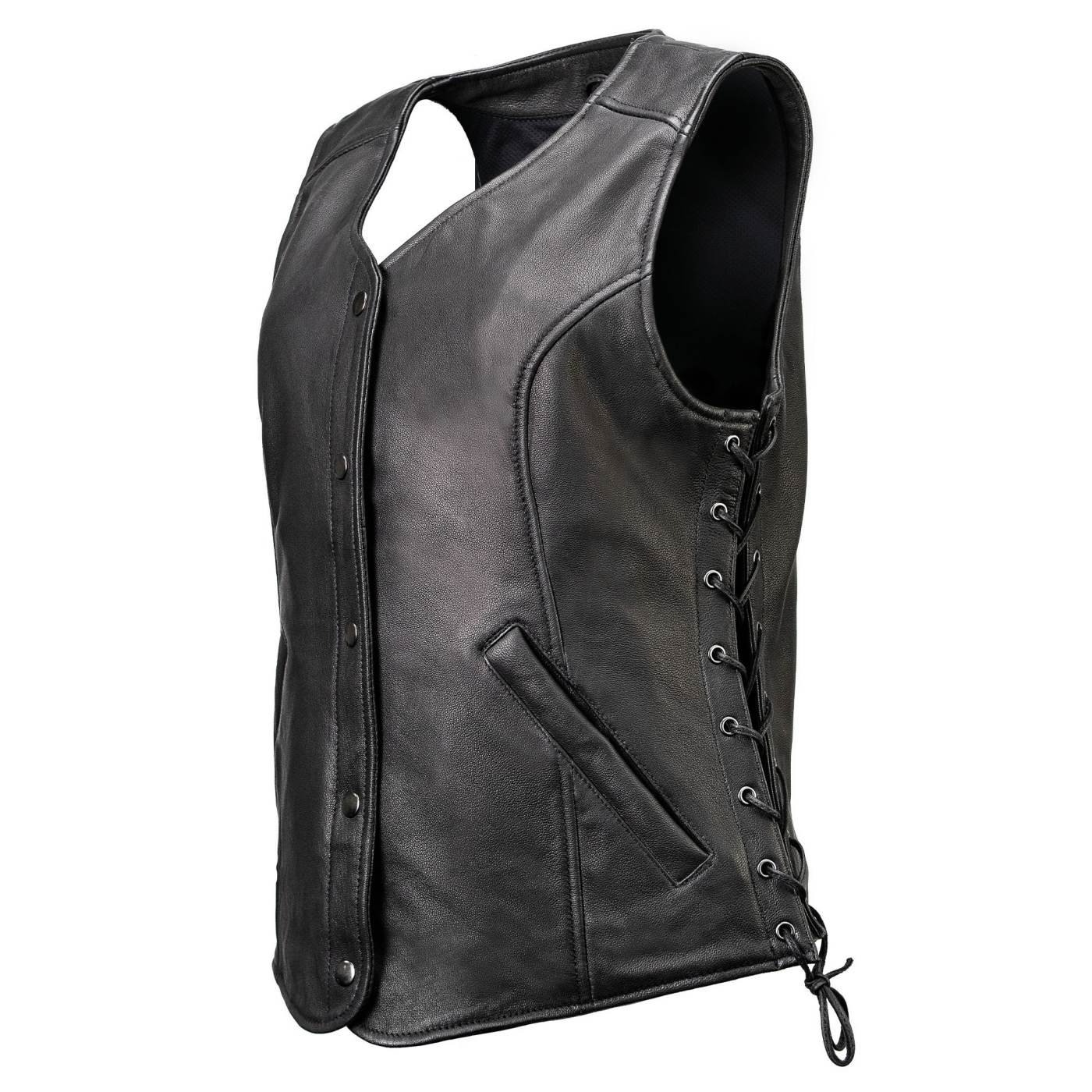 Milwaukee Motorcycle Clothing Co. Women's Born-Free Tall Sizes Black Leather Vest w/ V-Neck, Side Lace, Snap MMC40002